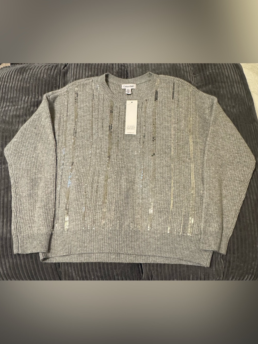 Calvin Klein Women’s Silver Sequin-Accented Gray Crewneck Sweater NWT